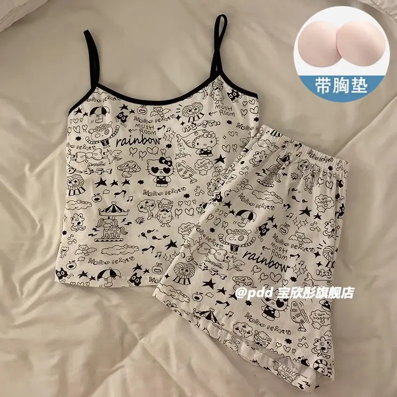 

Hello Kitty с нагрудными подушечками, подтяжки, пижамы, 2 шт., Sanrio, летние подтяжки для девочек, жилеты, шорты, домашняя одежда, которую можно носить на улице