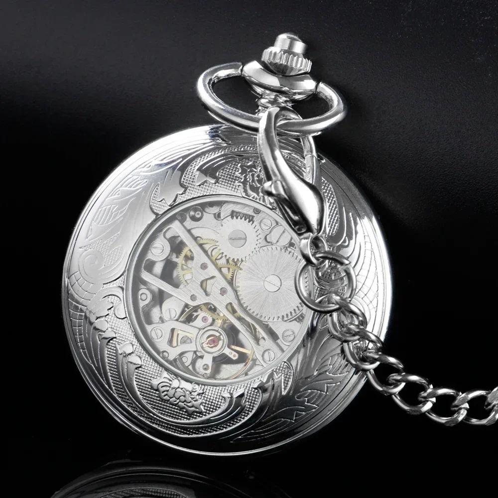 Silver Hollow Fish Design Vintgae Manual Mechanical Pocket Watch Blue Romen Numerals Watch Face Pendant Necklace Clock Man Women