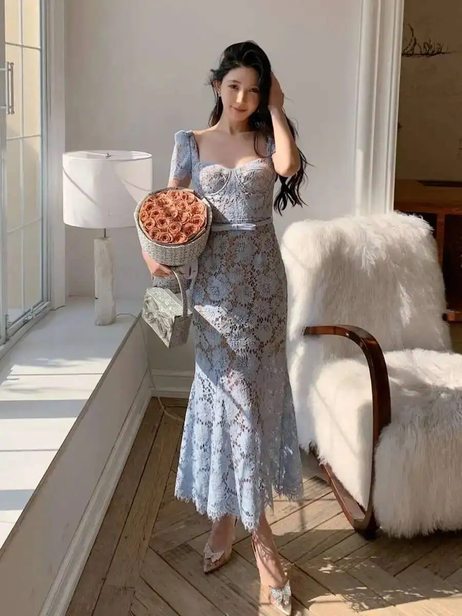Elegant Blue Lace Evening Dresses Women Summer Holiday Embroidery Hollow Out Belt Short Sleeve Prom Party Fishtail Long Dress