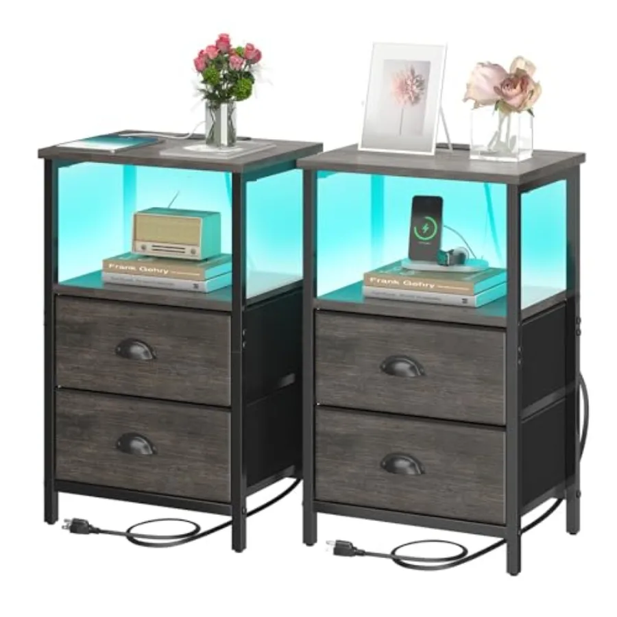 

Nightstand with Charging Station LED Night Stand Set of 2 Bedside Table End Table with Drawer Bedroom Tables with 2 Fabric Draw