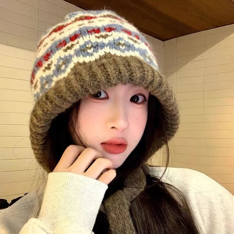 1PC Autumn And Winter Ear Protection Street Style Knitted Hat Women's Retro Dual-Use Bag Warm Wool Hat