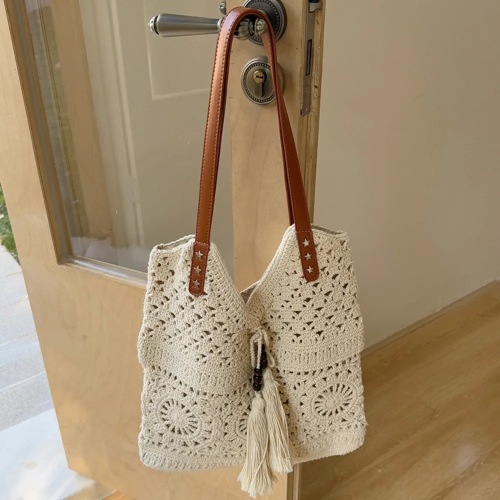 

Portable Bohemian Crochet Tote Bag Large Capacity Ethnic Style Boho Weave Bag Handbag Hollowed Out Knitted Bag Summer
