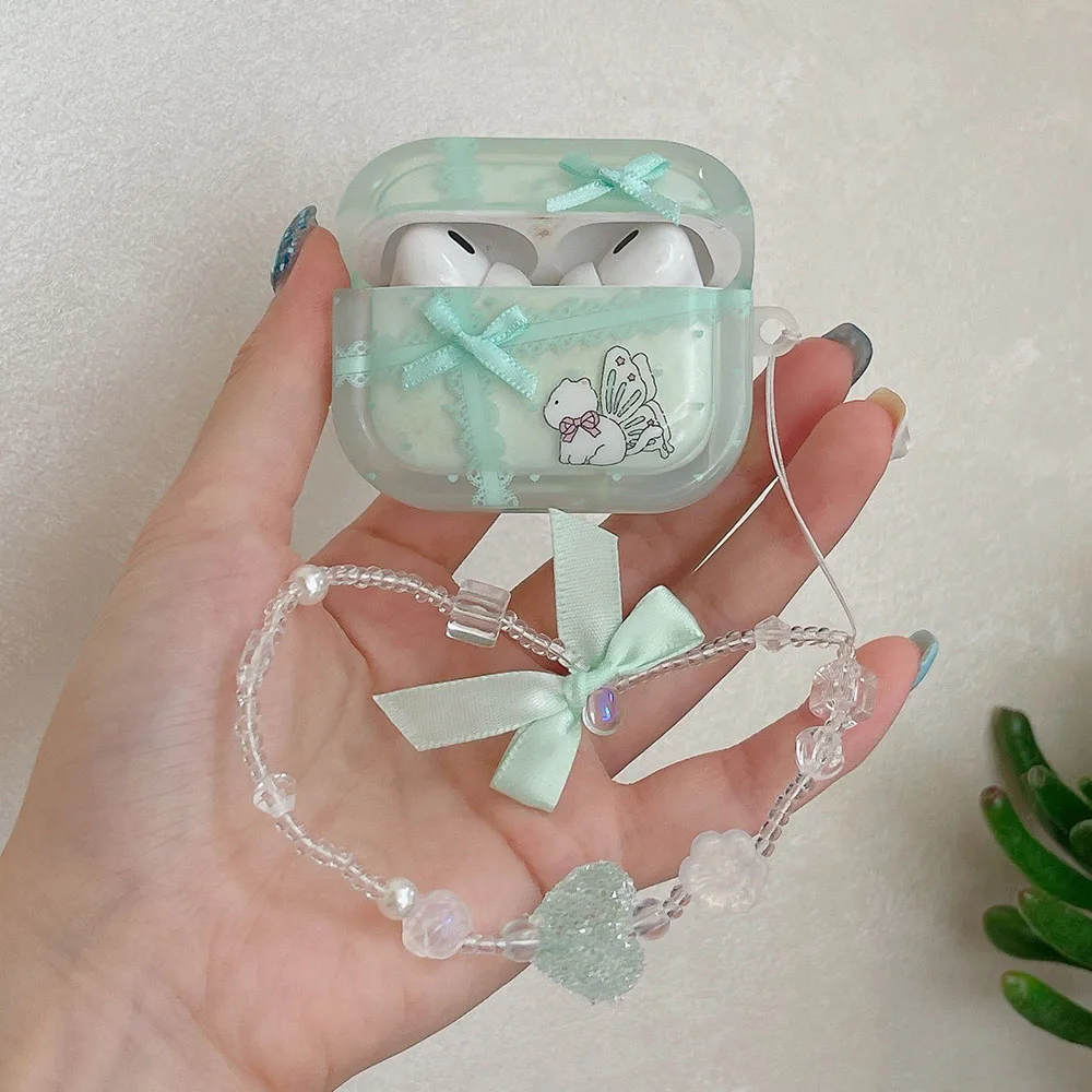 เคสหูฟังประดับคริสตัลรูปแมวดอกไม้ลูกไม้สีเขียวน่ารักสำหรับ Apple airpods 4 1 3 Pro 2ฝาครอบกล่องชาร์จบลูทูธไร้สาย