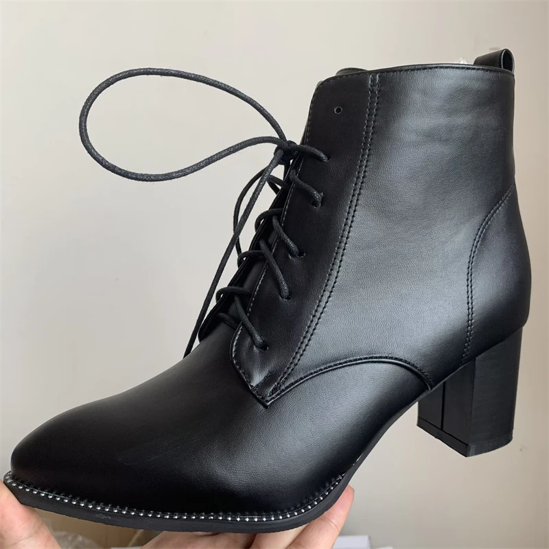Fashion Ankle Boots for Women Casual Lace Up Autumn Spring Short Boot Female Thick Med Heel Black Red Shoes Lady Big Size 45 46