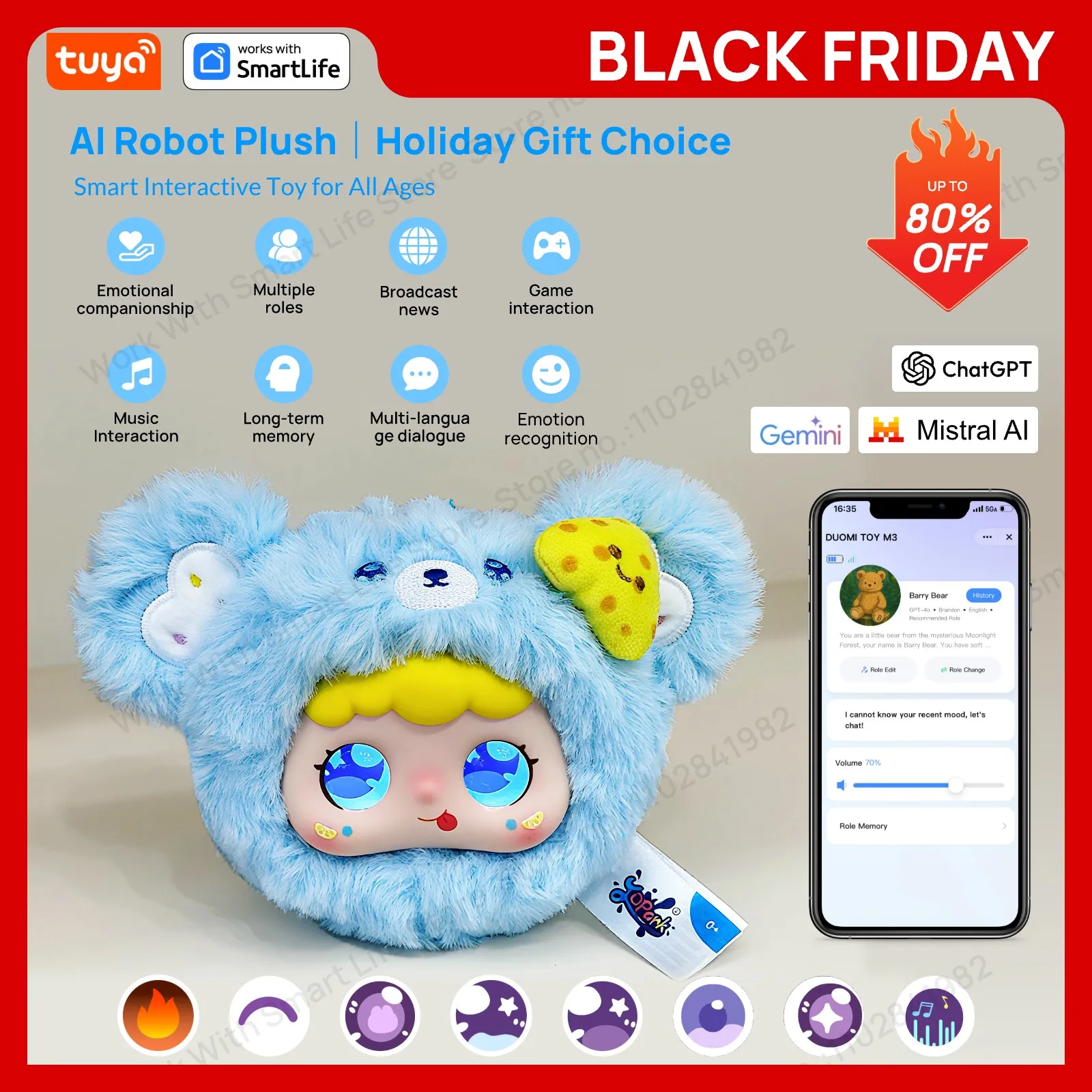 

Медведь-милый робот-компаньон для домашних животных с искусственным интеллектом | Сенсорная интерактивная умная игрушка с приложением Tuya | Распознавание голоса и эммов | # 1 подарок на выбор всех возрастов