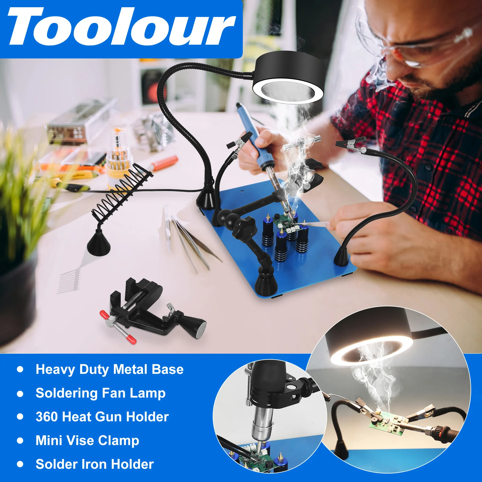 Ventola di scarico del fumo di saldatura Toolour con luce a LED a 3 colori 4 supporto per PCB supporto per pistola termica saldatura strumento di