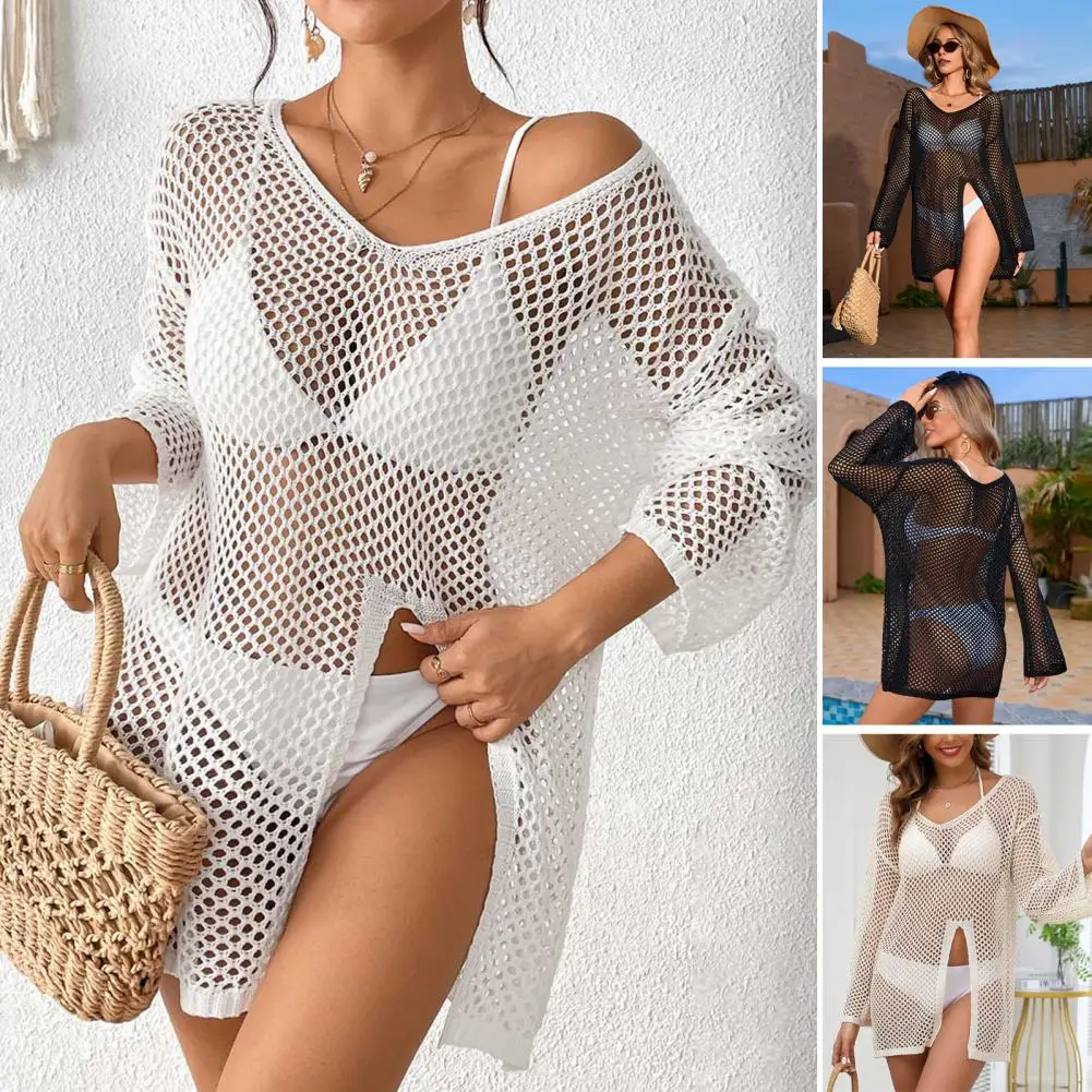 Women Loose Fit See-through Beach Cover Up V-Neck Long Sleeve Side Slit Design Sun Protection  Cover Up Dress