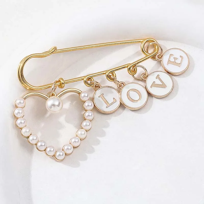 Creative Double-sided Letter Pin Exquisite Pearl LOVE Couple Brooch Fashionable Drawstring Waist Anti Glare Fixed Pin