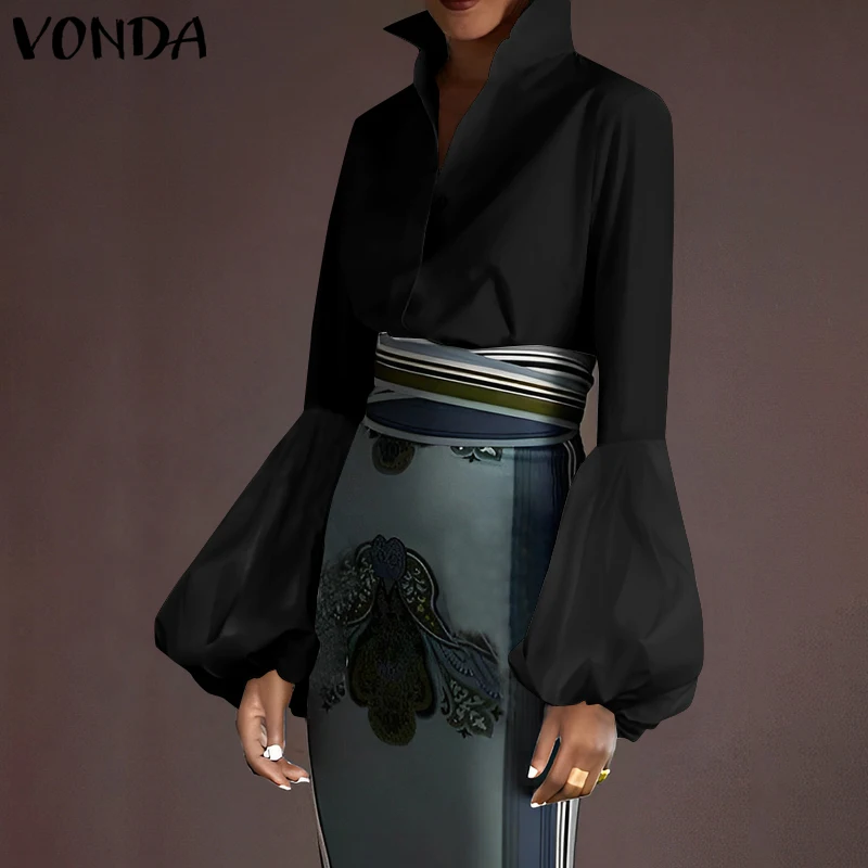 Plus Size 5XL Vonda Vrouwen Elegante Effen Kleur Blouse 2025 Mode Bladerdeeg Lange Mouwen Casual Revers Hals Tops Losse Blusas