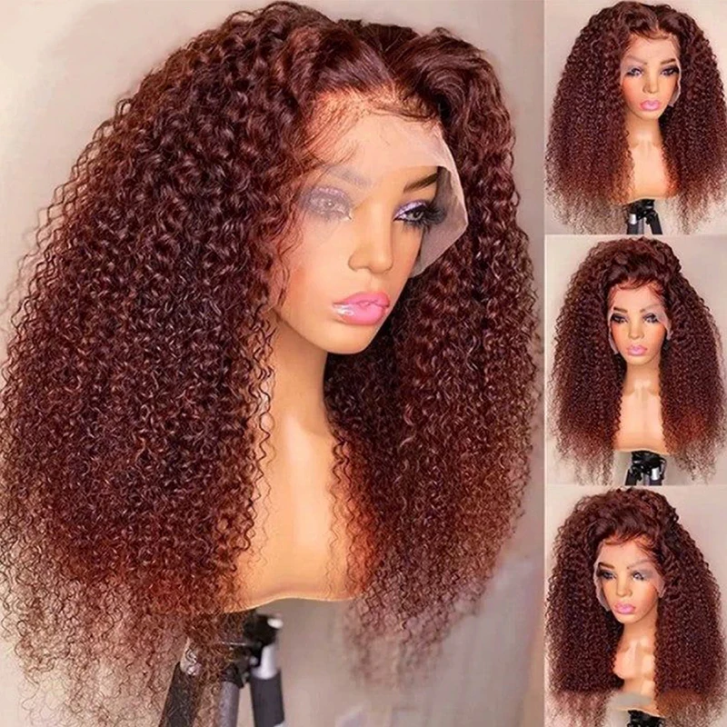 HD Lace Frontal Peruca Encaracolada, Castanho avermelhado, Cabelo Humano Kinky, Castanho Escuro, Cobre Vermelho, Pré Arrancado, 13x6, 13x4, 13x4, 40"