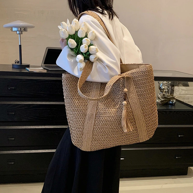 Bolsas De Paja De Gran Capacidad Para Mujer, Tejido A Mano Canasto, Bolsos De Playa Bohemios De