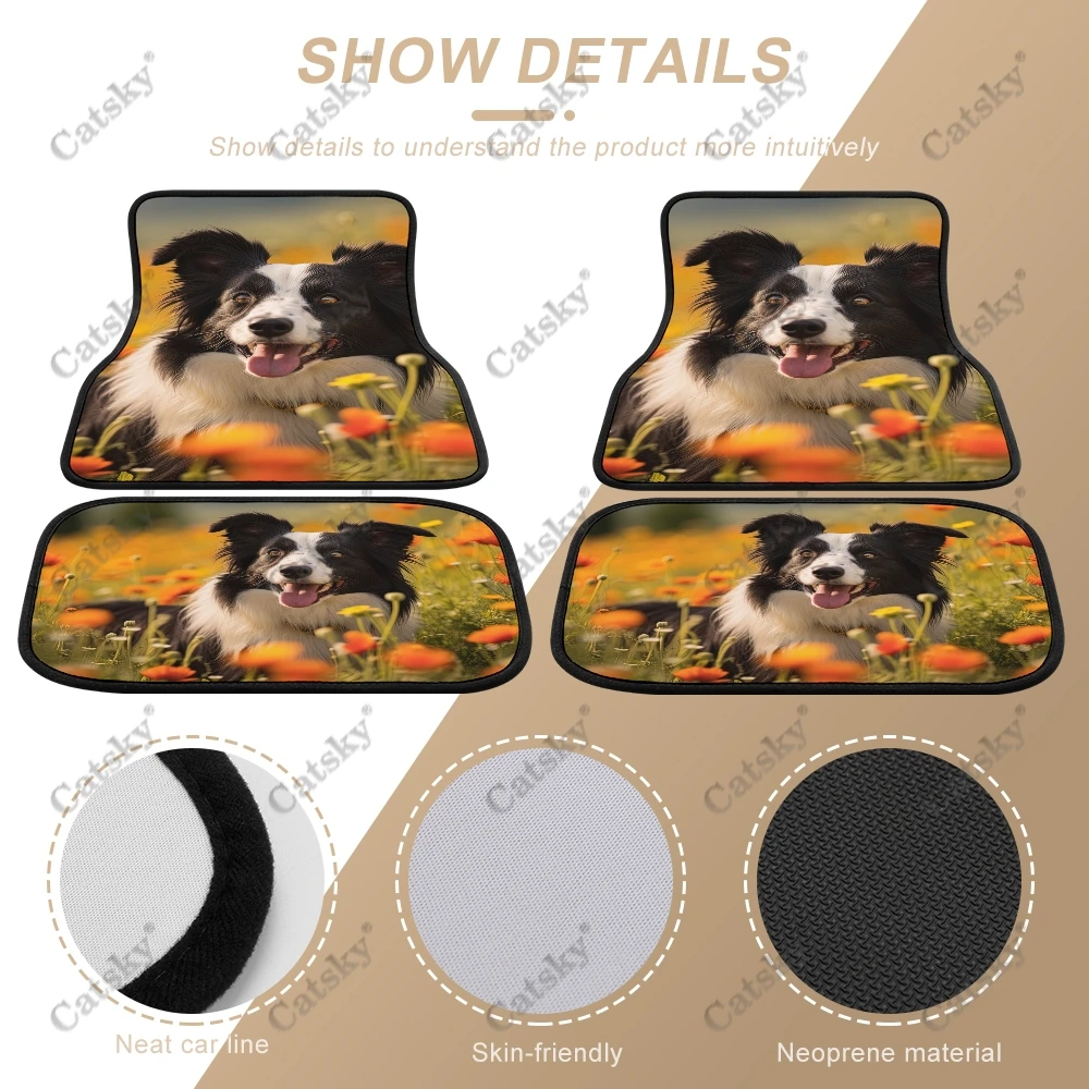 Border Collie with Flower Car Auto Floor Mats Carpet, 4PCS Customized Cars Mat All Weather Automotive Vehicle Pad Stylish