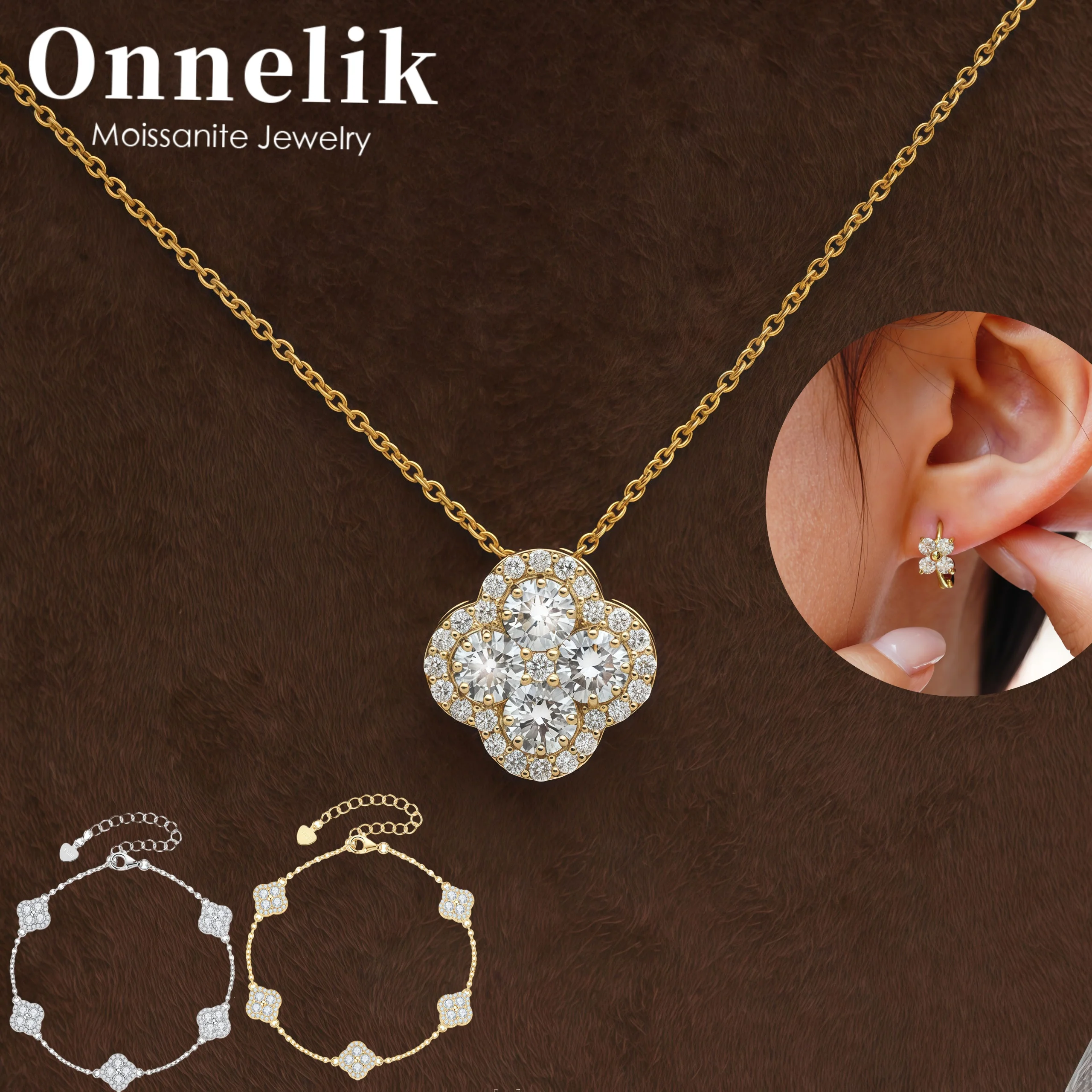 

Onnelik 14K Gold Plated Four Leaf Clover Moissanite Jewelry Set Necklace Bracelet Earrings Sparkling Luxury Unique Design Gifts