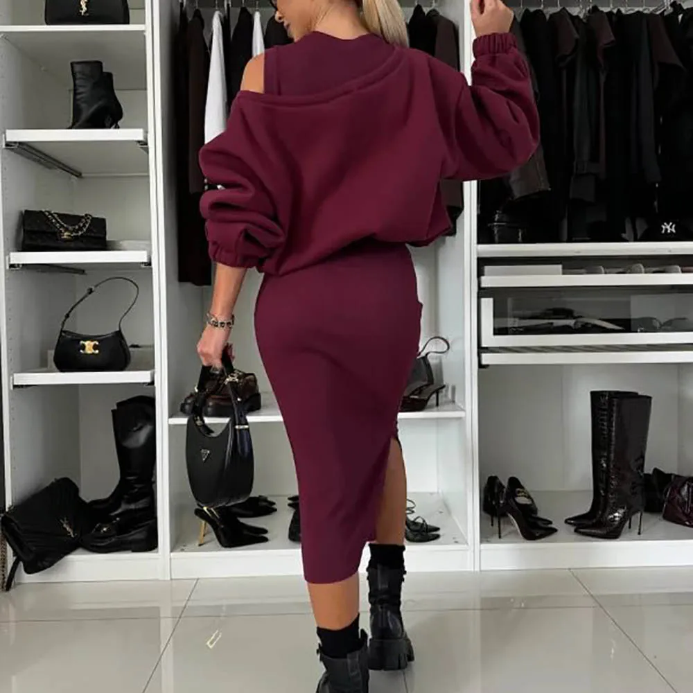 Elegant Sweatshirt dress set Women Autumn one off shoulder batwing sleeve pullover top and vest long dress 2pcs set Elegant dres