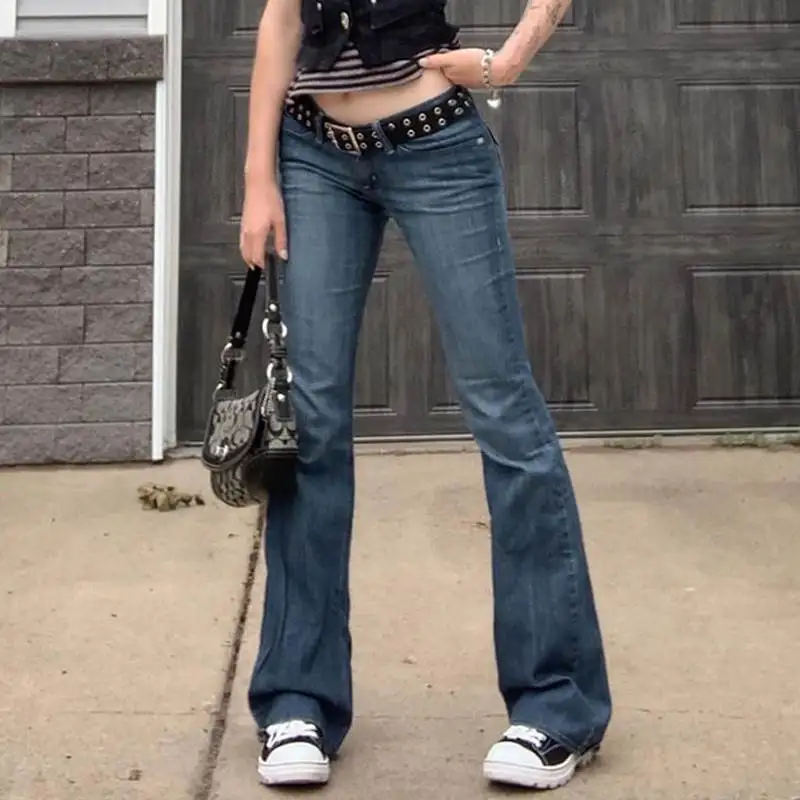 Retro 2000s Low Rise Skinny Flared Jeans Y2K Women's Fashion High Waist PU Leather Pants Classic Style Autumn Collection