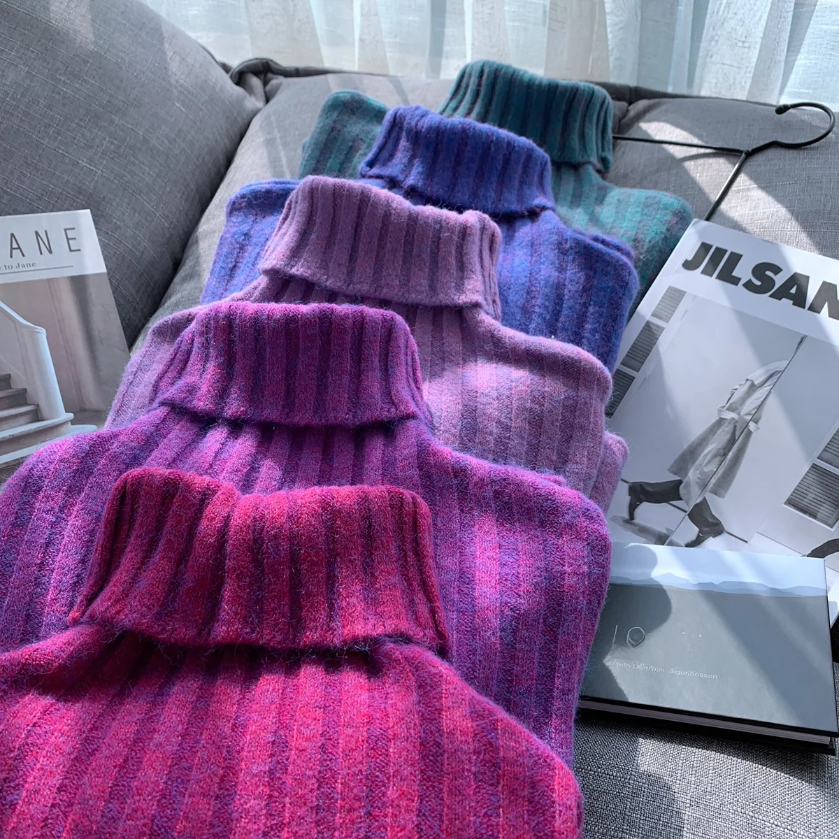 

Double Collar 3D Knitted Pure Color Striped Sweater High Ne Two-Way Wear Commute Sle Regular Thin Long Sve Winter