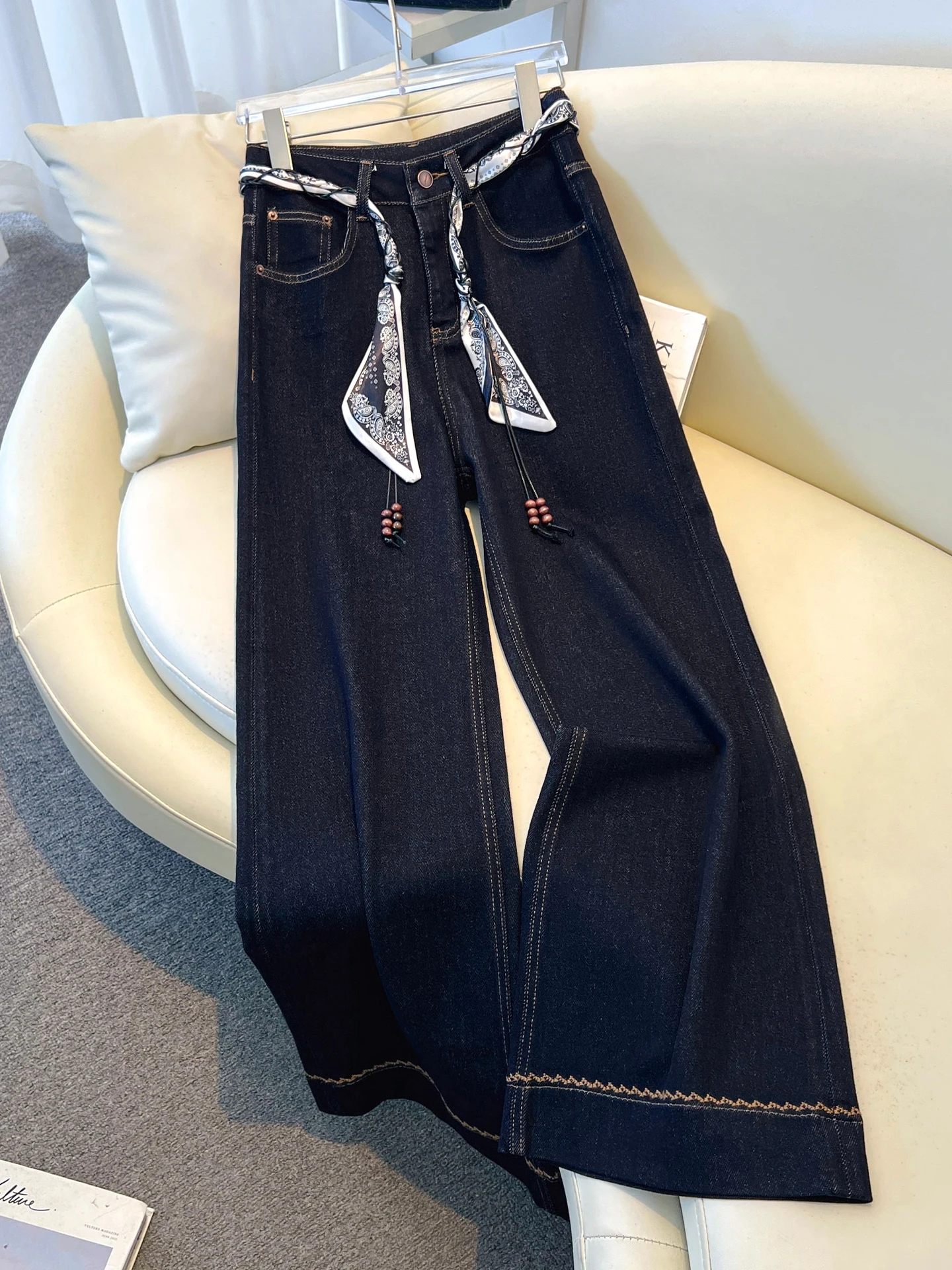 

Deep Blue Wide Leg Denim Jeans Women's Spring Autumn New Style Super Popular Pants Silk Scarf Decorative Belt Straight Leg Pants