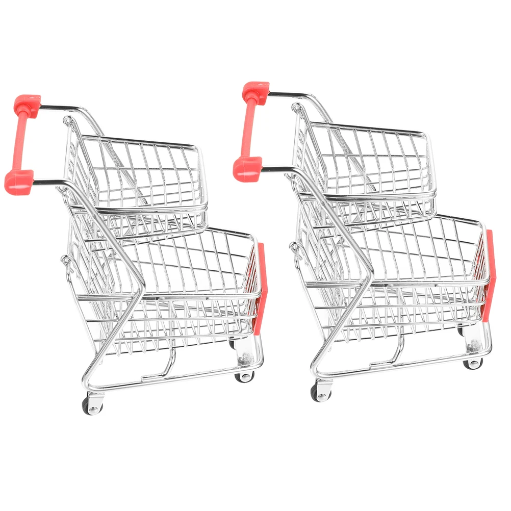 

2pcs Mini Shopping Cart Supermarket Handcart Desktop Decor Storage Double Layer Trolley Basket For Kids Home Office Bedroom