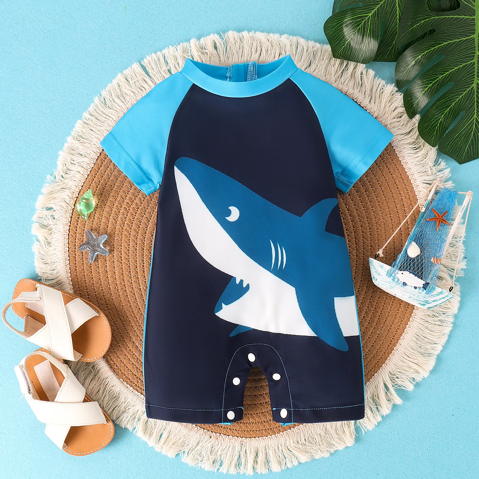 Summer 0-2 Years Old Fashion Trend Cute Baby Universal Comfortable Soft Shark Print Clear Swimsuit Jumpsuit Personality