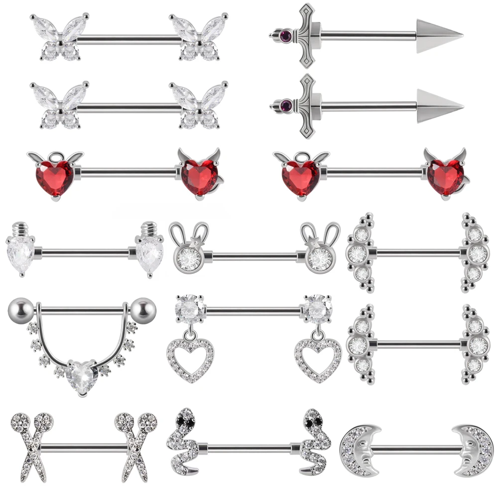1Pair Sword Cross Nipple Piercing Barbell Surgical Steel Crystal Nipple Shield Cover Heart Butterfly Nipple Ring Body Jewelry14G