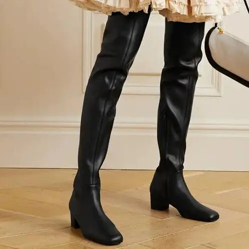 Drop Shipping Women Fashion Black Brown Solid Matte Leather Square Toe Hidden Zipper Med Heels Over The Knee Boots Thigh Boots