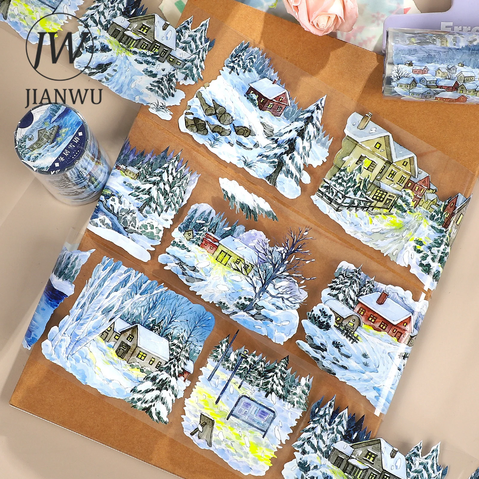 

JIANWU 70mm*5m Vintage Winter Snow Tree Town Landscape Material Collage Scrapbooking PET Tape Creative DIY Journal Stationery