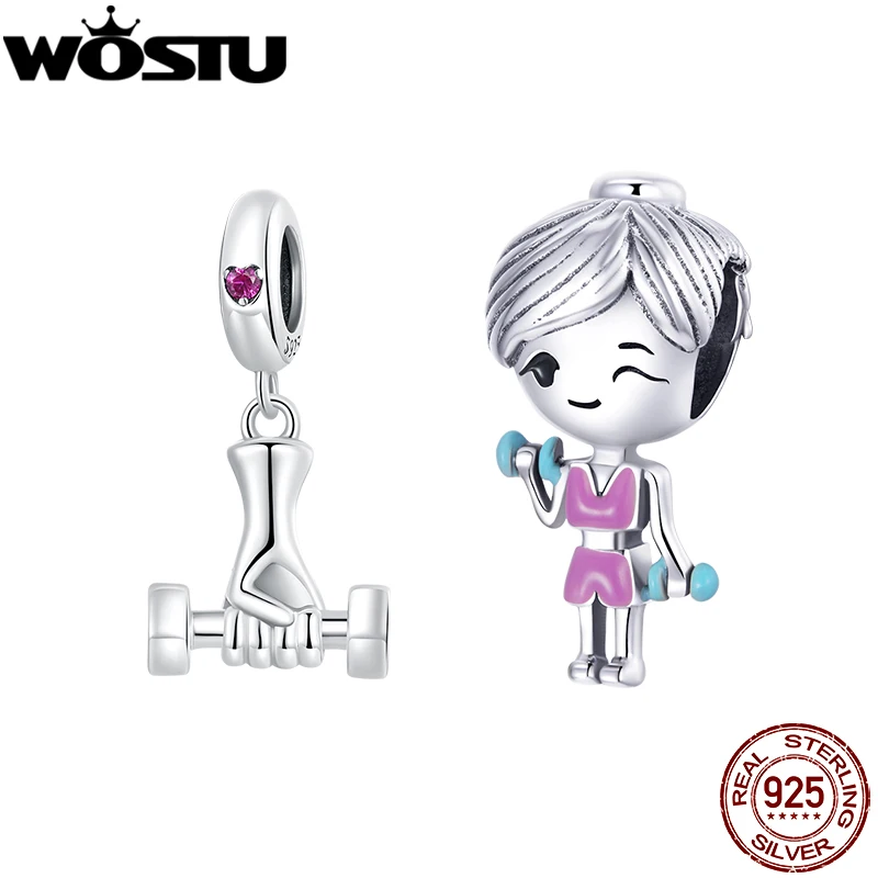 WOSTU 100% 925 Sterling Silver Fashion Fitness Dumbbell Sport Pendant Charms Fit Original DIY Bracelet Bangle Fine S925 Jewelry