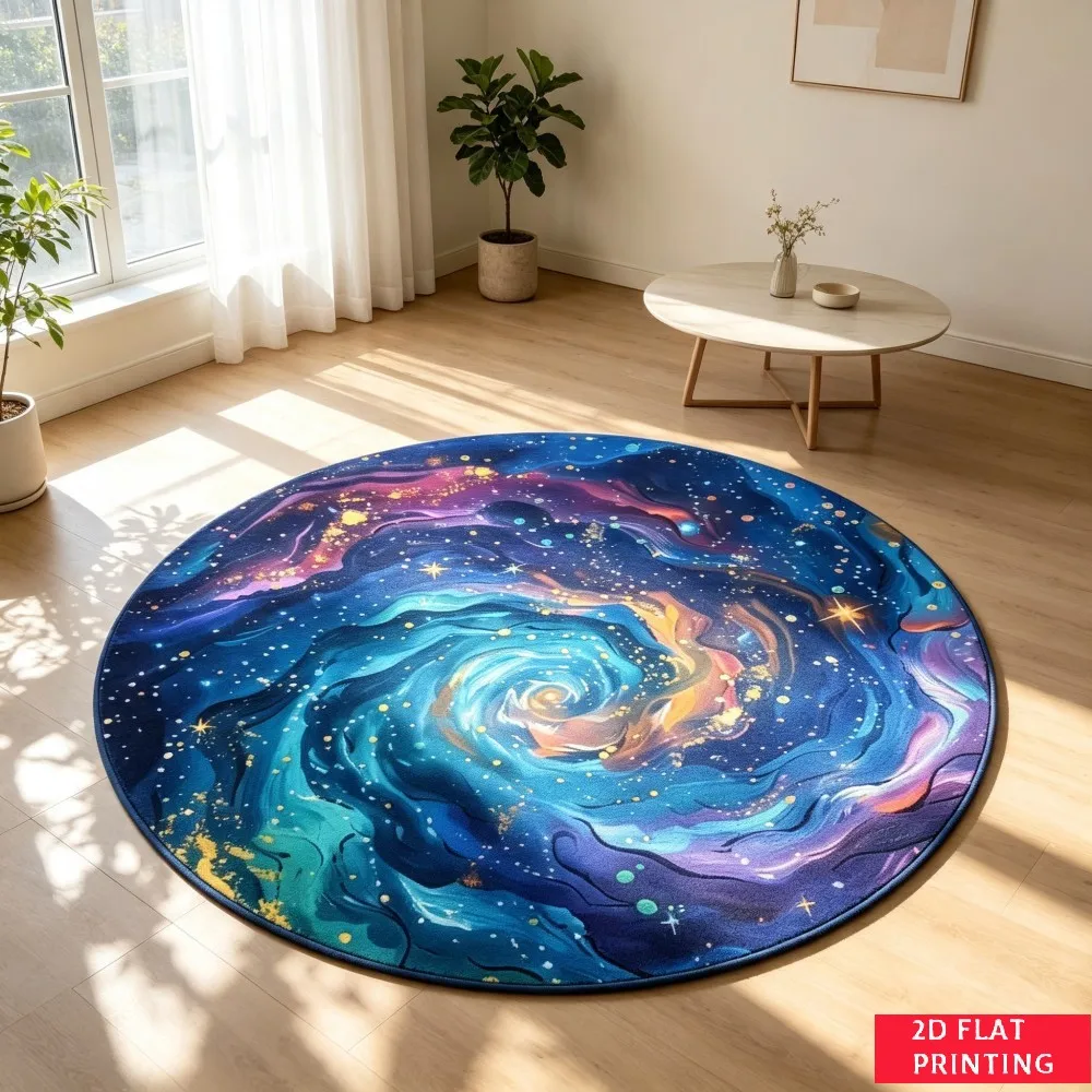 Mystical Sun Moon Round Area Rug, Celestial Starry Sky Gold Frame Printed Circle Carpet, Non-Slip Floor Mat