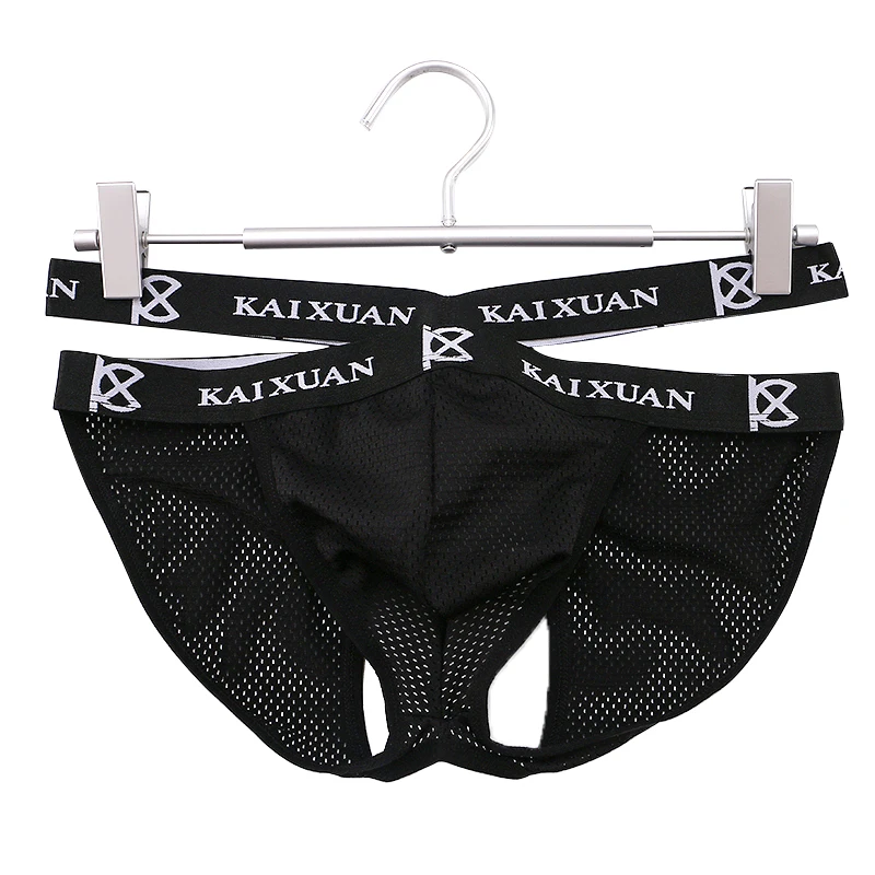 Sexy Gay Underwear Men Hollow Back Jockstrap Black Polyester G-string & Thongs Man Lingerie Low Waist Pouch Panties S-XL