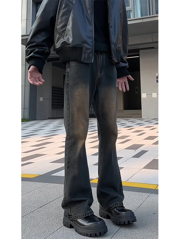 

Мужские джинсы-клеш в стиле ретро с эффектом потертости, прямые, американского уличного стиля, для весны и осени, Cleanfit, неоднородные по цвету