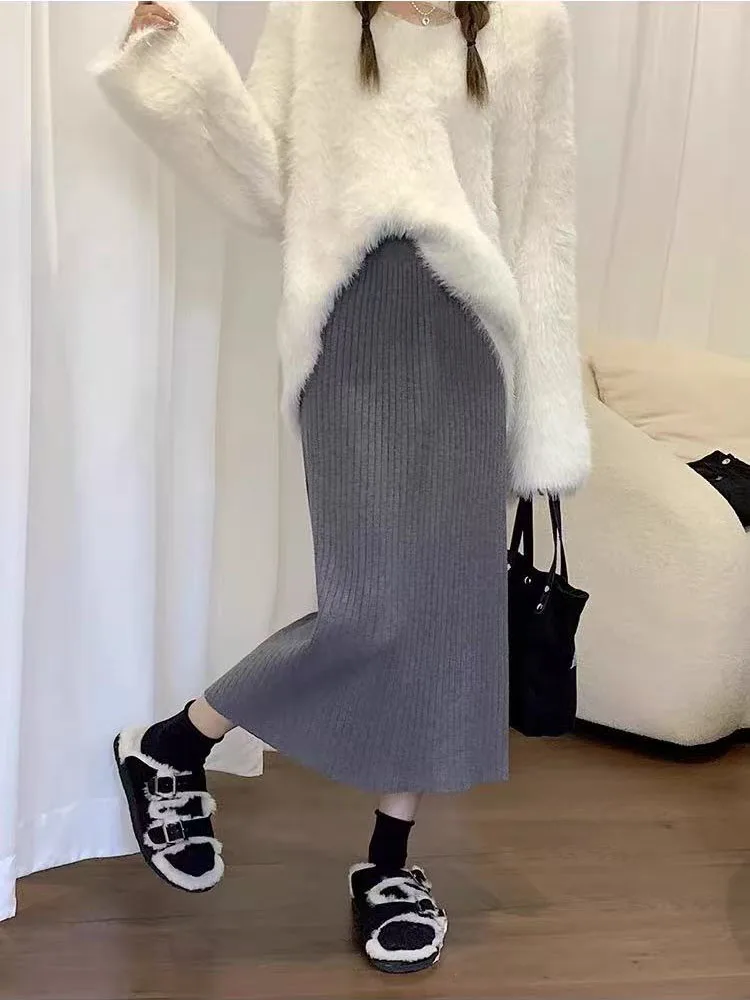 Autumn High Waist Knitted Skirts Women Korean Loose Solid Casual Midi Skirts Female Sweet Preppy Basic All Match A Line Skirts
