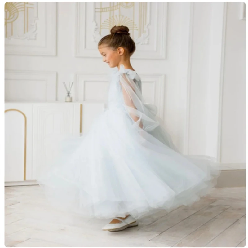 Azzurro Tulle Puffy Flower Girl Dress manica lunga in pizzo lunghezza alla caviglia per abiti da prima comunione ospite di spettacolo di compleanno di nozze