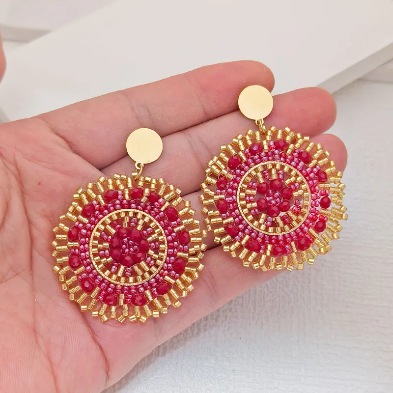 ZGMXR Bohemia Sunflower Red Rice Bead Earrings Hand Knitting Alloy Crystal Fashion Versatile Original Design Beaded Jewelry
