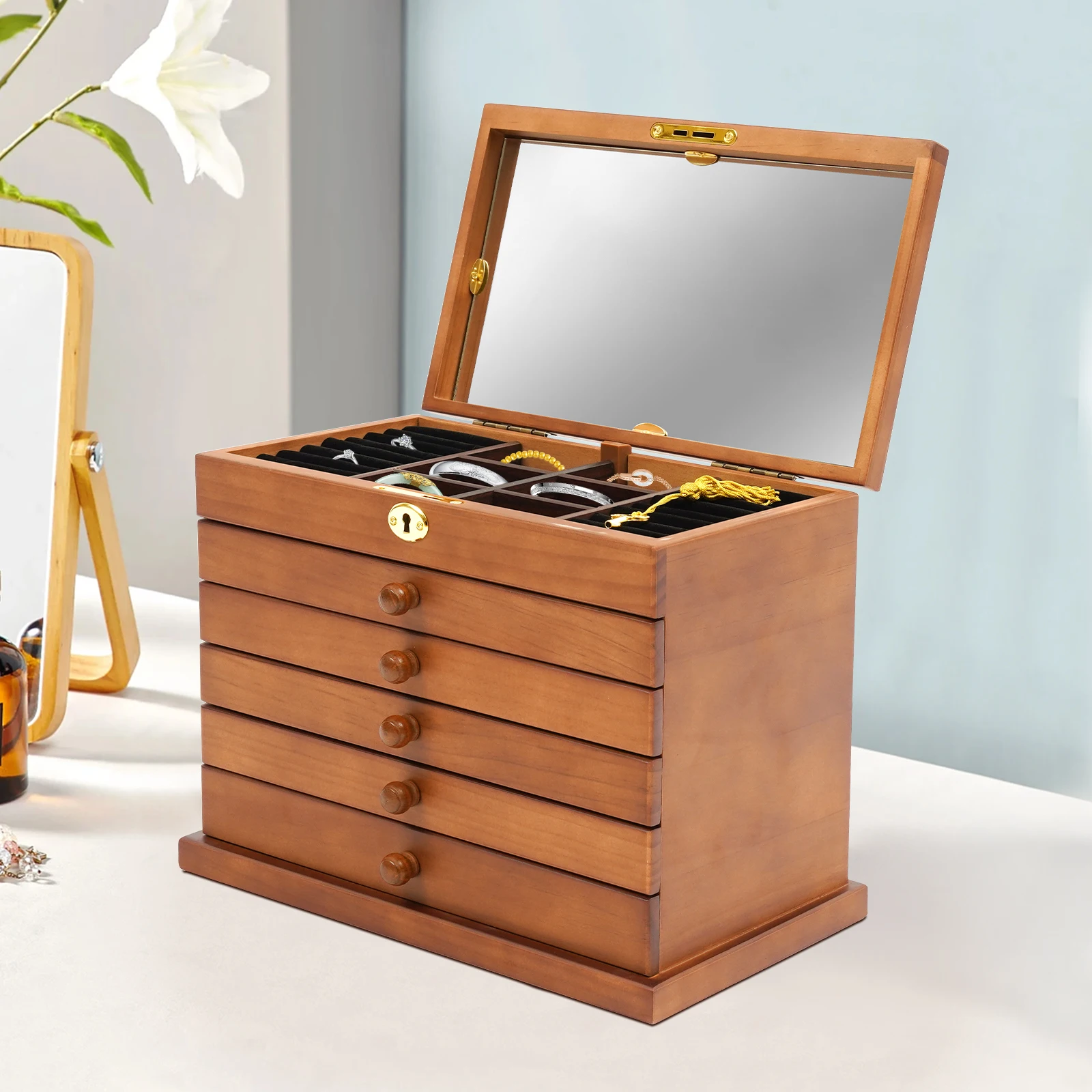 6-layer Wooden Jewelry Box Desktop Storage Display Box Mirror Key Lock Box Gift