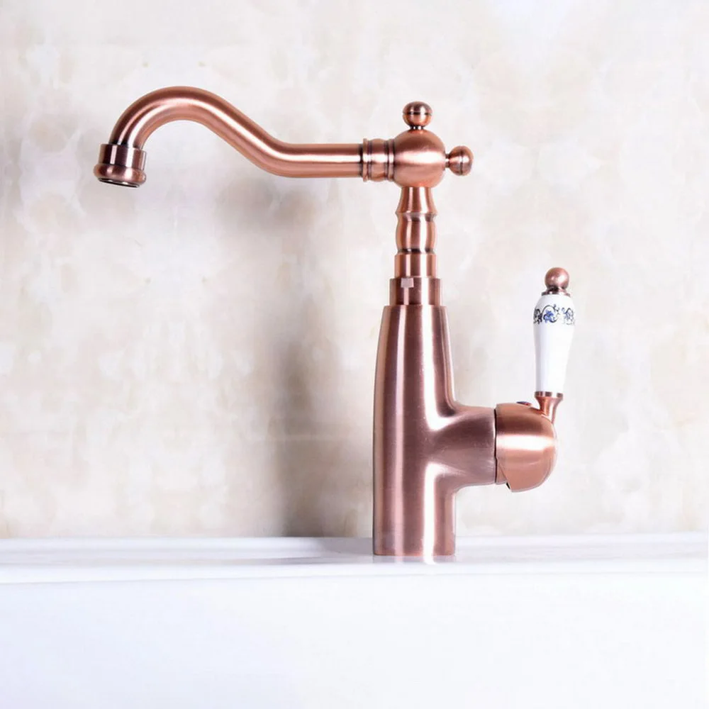 

Antique Red Copper Bathroom Single Handle Hole Hot Cold Water Mixer Taps Bathroom Deck Mounted Basin Faucet Nnf133