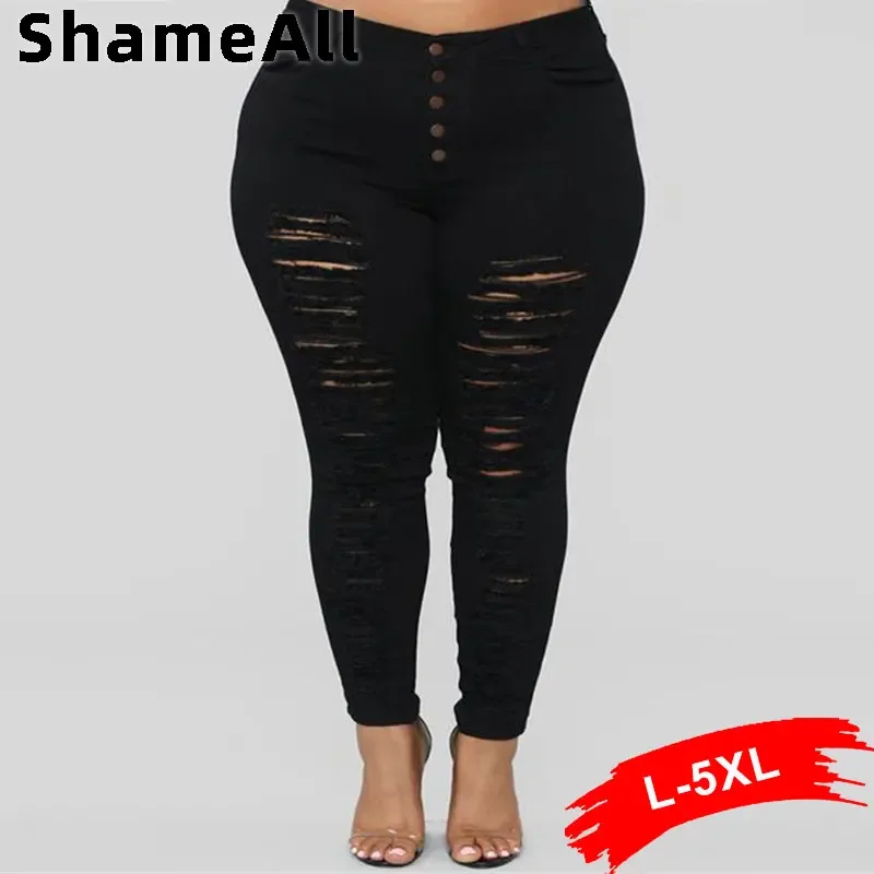 Plus Size Button Up Ripped Skinny Stretchy Black Jeans 4XL Street Large Size Casual Long Denim Pencil Pant Push Up Slim Trousers