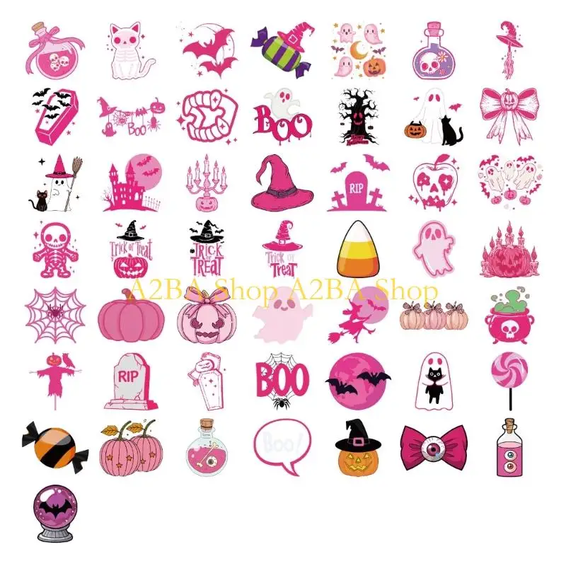 A2BA Waterproof Pink Halloweens Stickers 50PCS Transparents Cartoon Diy Decals For Devices