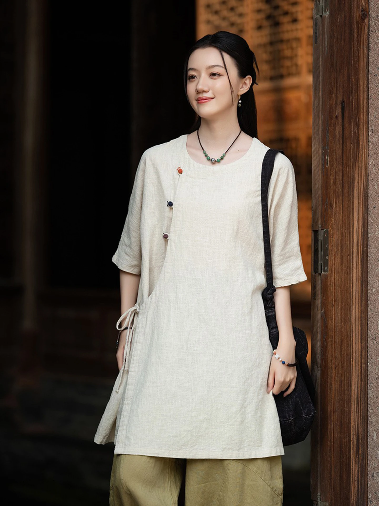 New Chinese Style Women's Cotton Linen Short Sleeve Shirt Zen Tea Clothing Tie Belt Side Button Color Block Loose Fit Summer ...