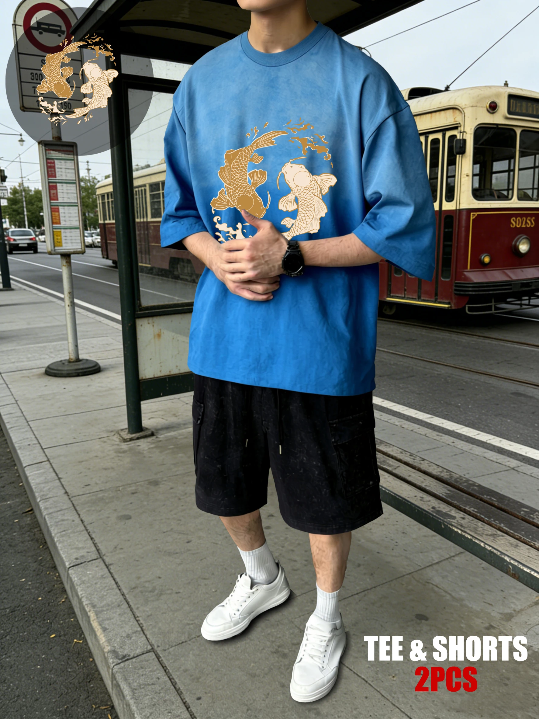 

Японский комплект футболок с дизайном Harajuku Koi и эффектом тай-дай, мужские хлопковые модные футболки, летняя мягкая одежда, мужские шорты с карманами и круглым вырезом