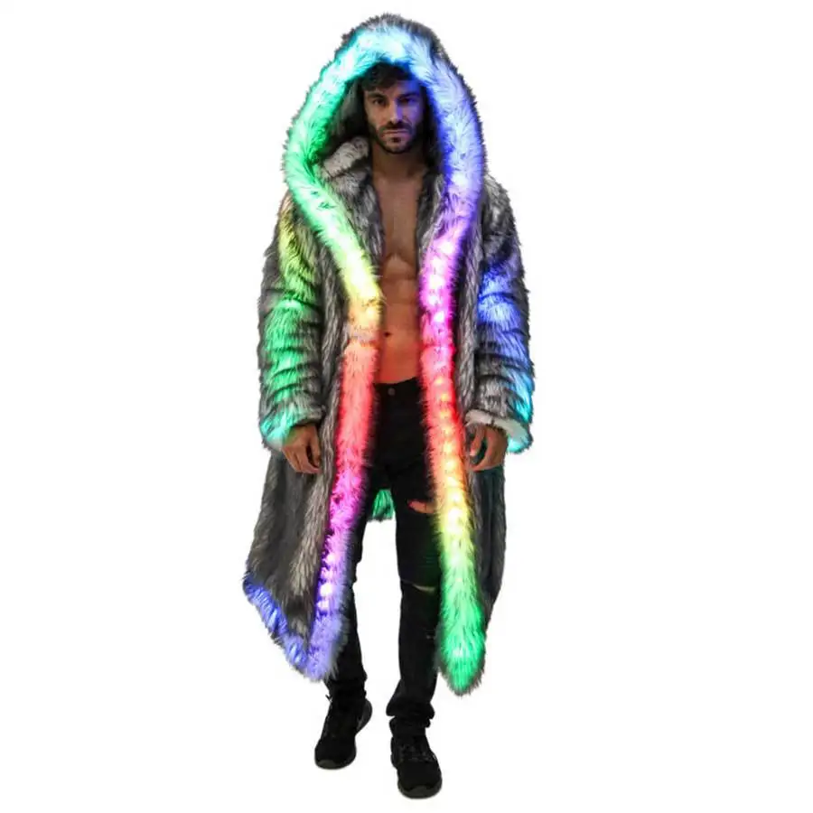 

Мужская светодиодная куртка с капюшоном из искусственного меха USB Light Up Rave Festival Coat Glow Party Wear EDM Сценический костюм Косплей Верхняя одежда