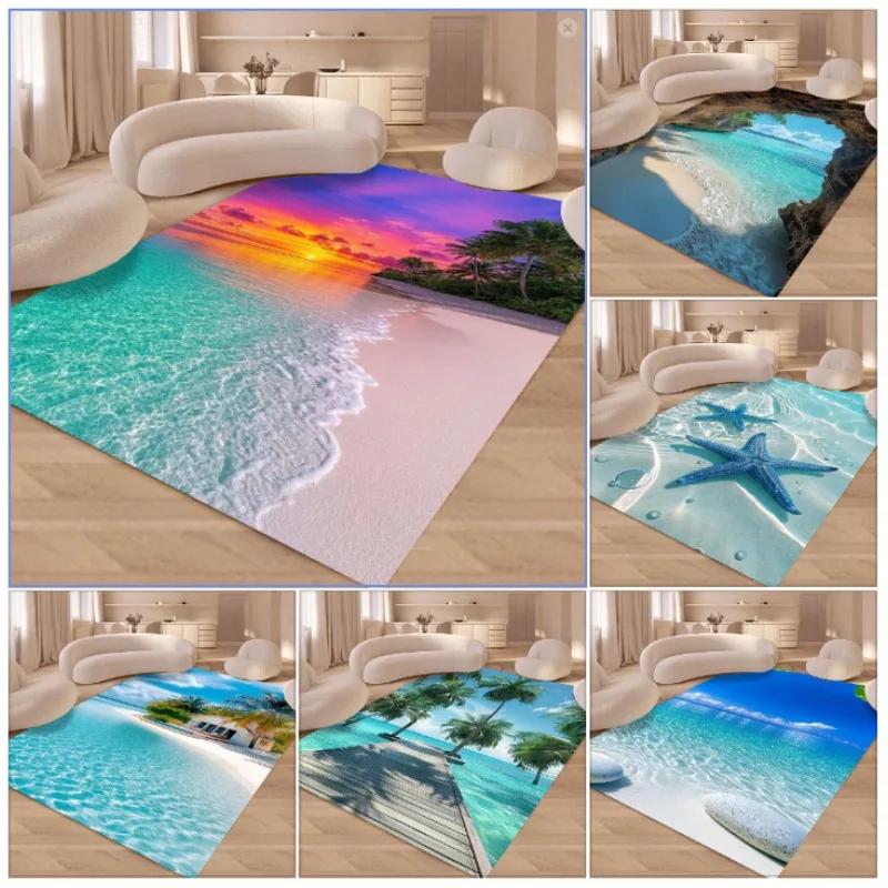 

Ковер с тропическим пляжем и закатом, коврик с эффектом пальмы и морской звезды, нескользящий прочный коврик для украшения дома, гостиной, спальни, напольный коврик