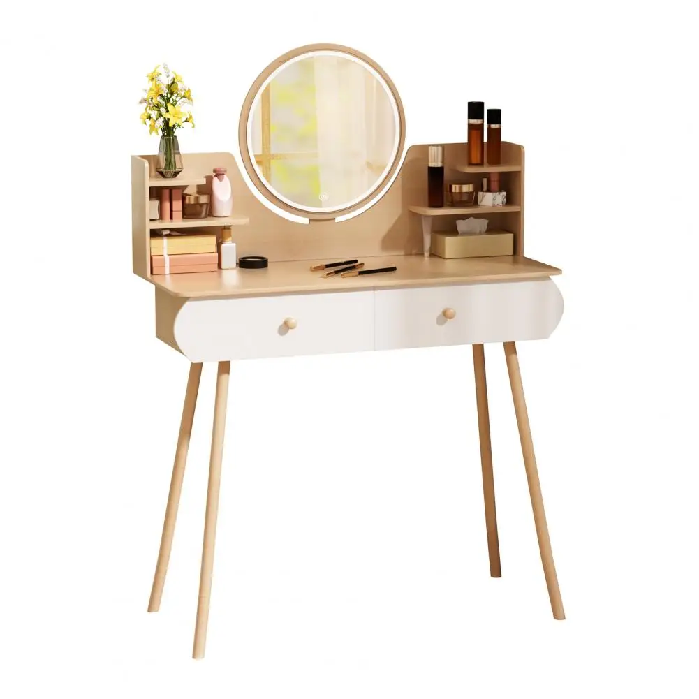 Makeup Vanity Desk With LED Lighted Mirror Vanity Table With 2 Drawers Opening Shelves Bedroom Table 3 Modes Brightness Adjuste