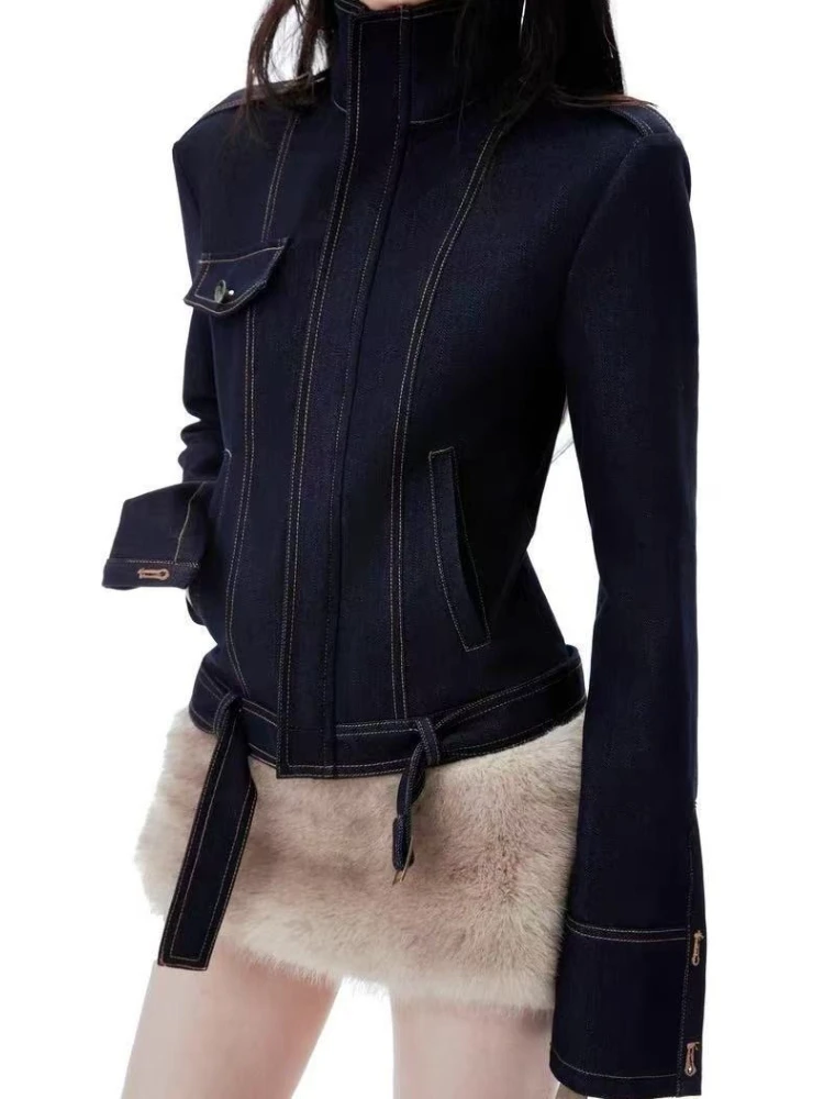 2000s Dark Gothic High-End Slim Pure Color Denim Jacket Y2k 