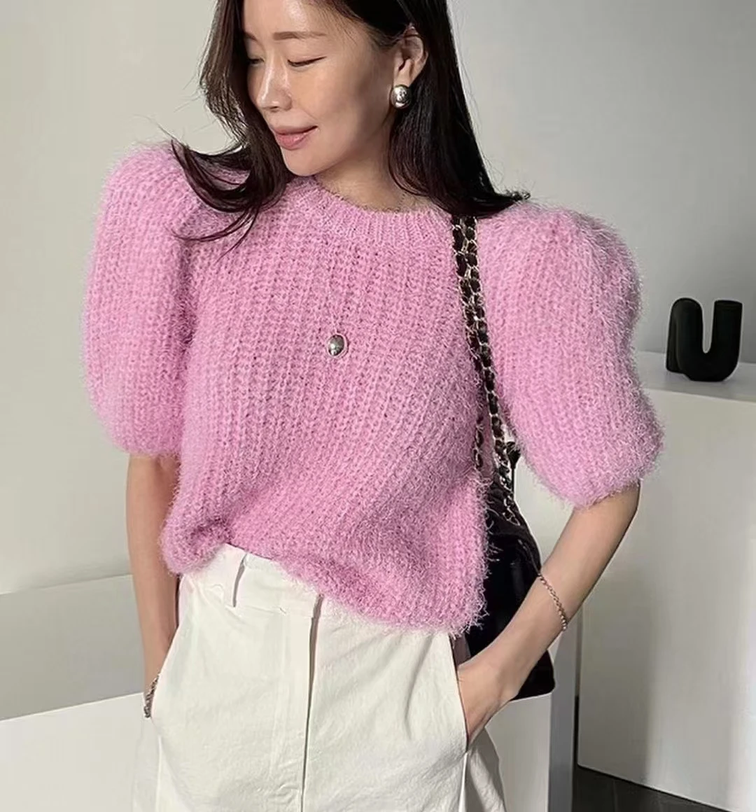 

Clothland Women Sweet Knitting Short Sleeve Sweater O Neck Candy Color Pullover Female Cute Casual Office Wear Tops DA616