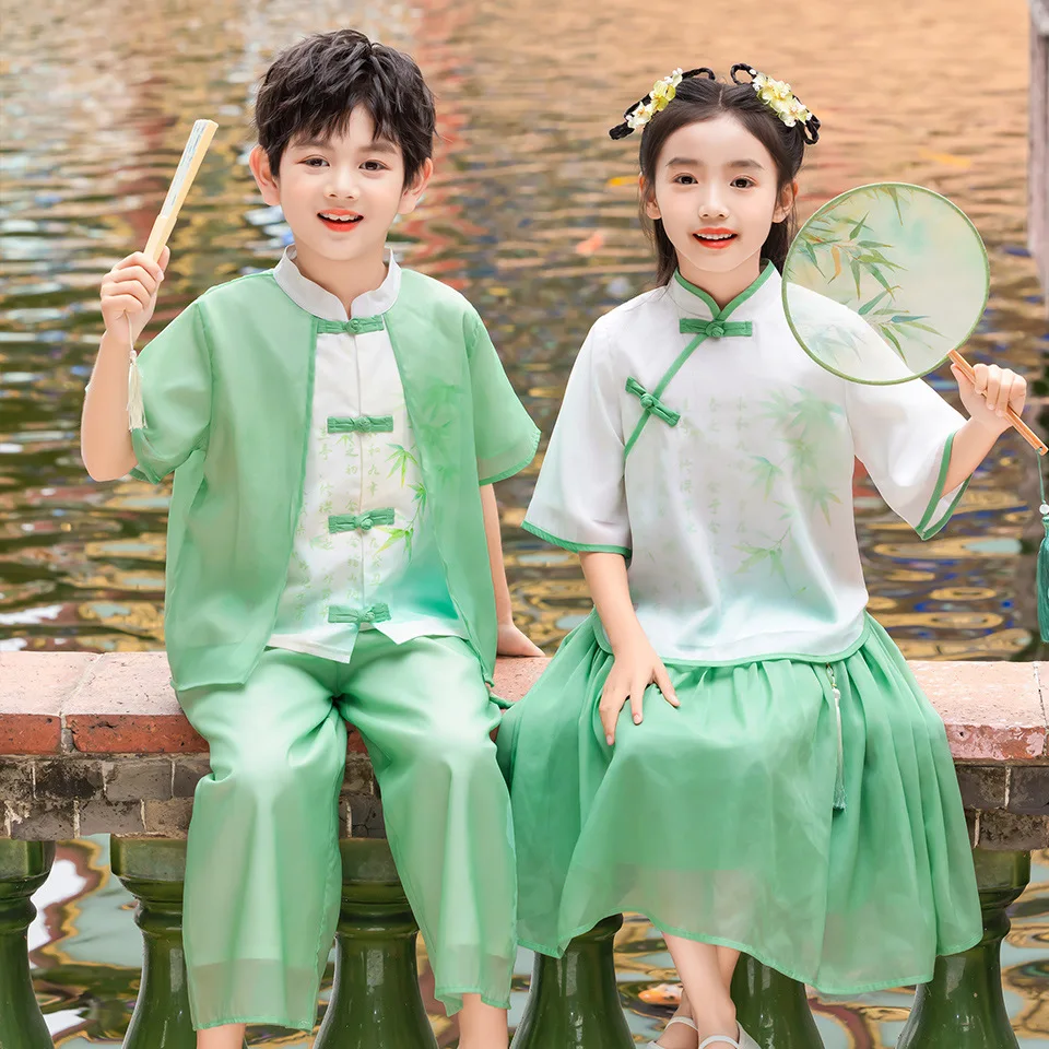 Kindergarten hanfu traje para meninos e meninas, uniforme escolar, uniforme escolar, estilo chinês, verão