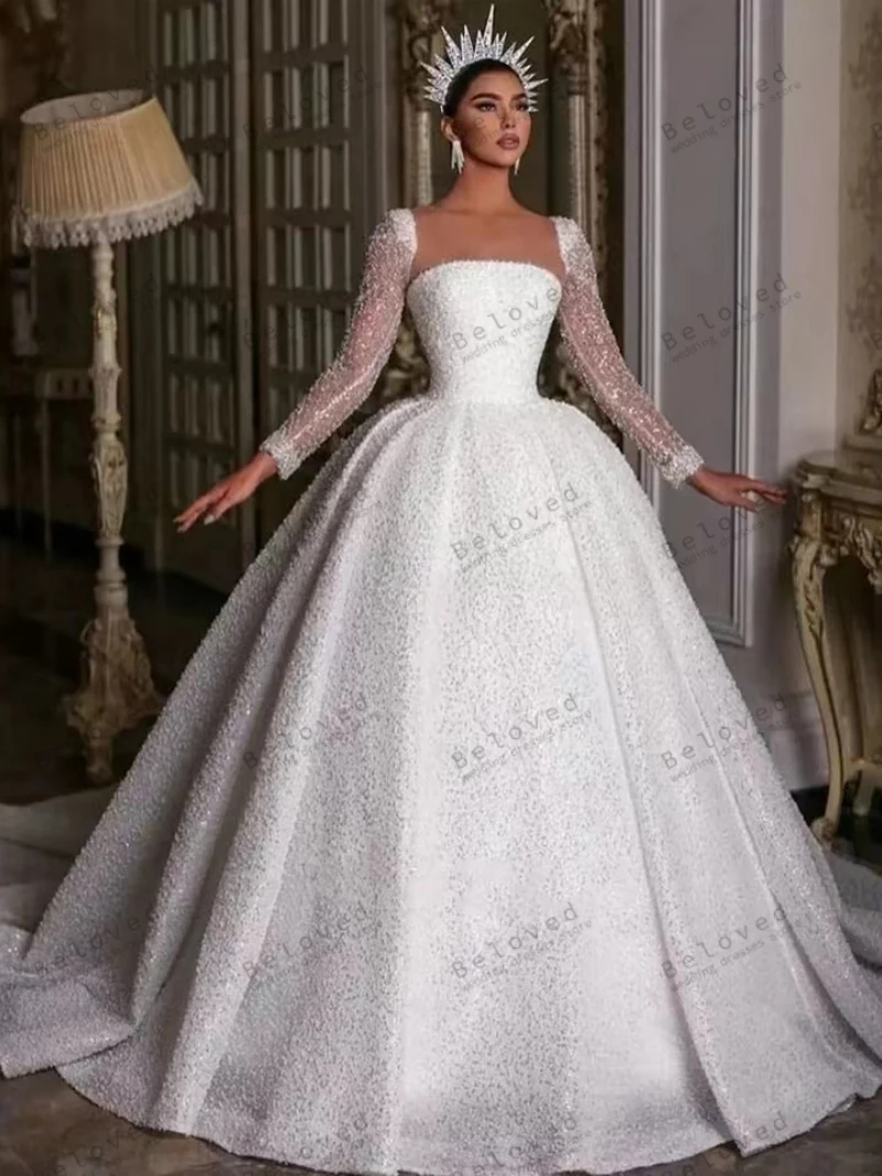 Exquisite Brautkleider Prinzessin Brautkleider Voile glänzende Roben für formelle Party quadratischen Kragen volle Ärmel Vestidos de Novia