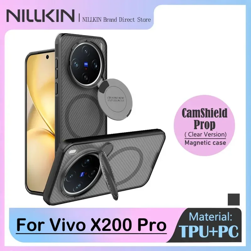 NILLKIN-Magnetic Case for Vivo X200 Pro, Micro-transparent, Clear Version, Flip-Style Lens Protection, MagSafe Cover with Holder