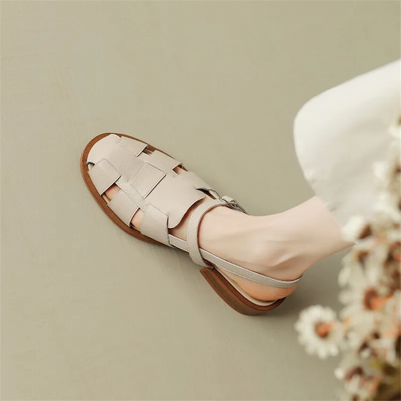 2023 Summer Sandals Cowhide Round Toe Women Sandals Chunky Heel Women Shoes Cover Toe Shoes for Women Hollow Out Roman Shoes