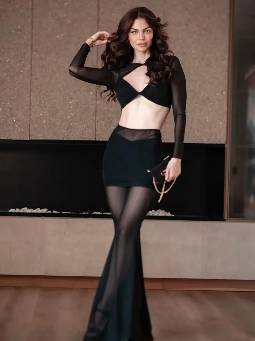 Ins New Women Celebrity Sexy Lace Mesh Transparent Nude Black Bodycon 2 Pieces Set Designer Fashion Full Length Pant Suits