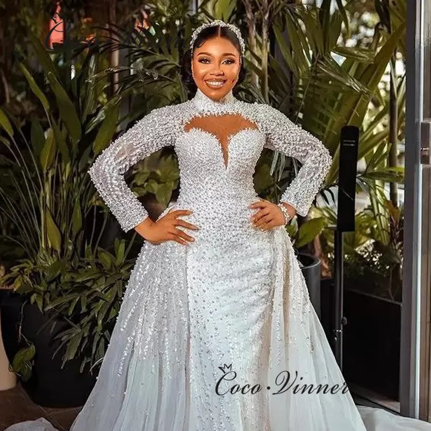 تخصيص الثقيلة الديكور 2 في 1 فساتين الزفاف الفاخرة مع قطار للانفصال اللؤلؤ مطرز جودة حورية البحر فستان الزفاف W1051